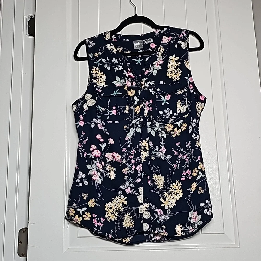 Vintage NY&Co M Soho blouse navy blue/floral button down tank blouse - Picture 1 of 9